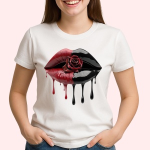 Tricou Buze femeie rosu si negru cu trandafir central, Lip gloss, Copii | Dama - Img 2