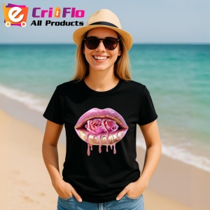 Tricou Buze femeie roz si auriu cu trandafiri roz pal, Lip gloss, Copii | Dama, culoare negru - Img 6