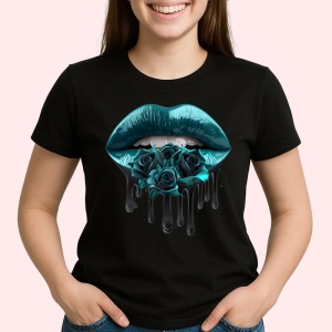 Tricou Buze femeie turcoaz inchis cu trandafiri albastri, Lip gloss, Copii | Dama, culoare negru - Img 1