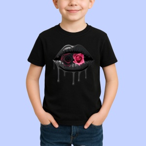 Tricou Buze negre cu trandafir roz inchis, Lip gloss, Copii | Dama, culoare negru - Img 2