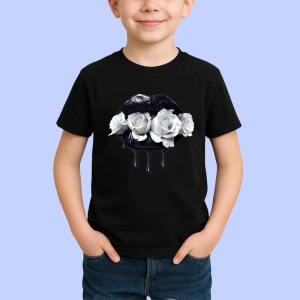 Tricou Buze negre cu trandafiri alb si negru, Lip gloss, Copii | Dama, culoare negru - Img 2