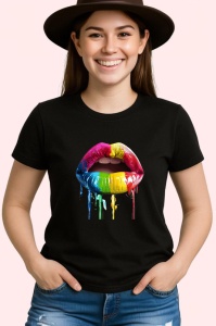 Tricou Buze pop art in degradee curcubeu fundal alb Copii | Dama | Barbat, culoare negru - Img 3