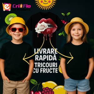 Tricou Buze rosii cu trandafir alb contrastant, Lip gloss, Copii | Dama, culoare negru - Img 7