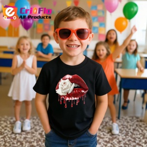 Tricou Buze rosii cu trandafir alb contrastant, Lip gloss, Copii | Dama, culoare negru - Img 10