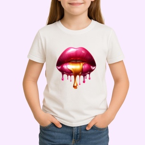 Tricou Buze rosii lucioase cu efect lichid fundal alb Copii | Dama | Barbat - Img 4