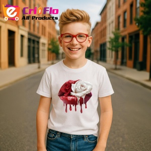 Tricou Buze rosu cu trandafir roz si lumina delicata, Lip gloss, Copii | Dama - Img 11