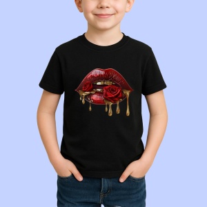 Tricou Buze rosu intens cu trandafir si auriu lichid, Lip gloss, Copii | Dama, culoare negru