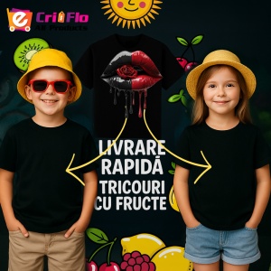 Tricou Buze rosu si negru cu trandafir central, Lip gloss, Copii | Dama, culoare negru - Img 7