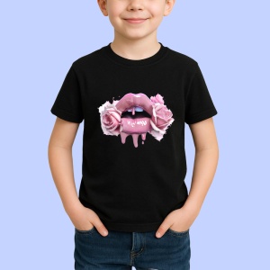 Tricou Buze roz lucios cu trandafiri pastel, Lip gloss, Copii | Dama, culoare negru