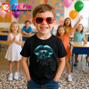 Tricou Buze turcoaz cu trandafiri roz pal, Lip gloss, Copii | Dama, culoare negru - Img 10