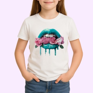 Tricou Buze turcoaz cu trandafiri roz pal, Lip gloss, Copii | Dama