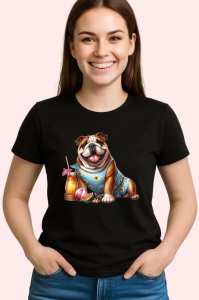 Tricou Caine bulldog englez cocktail vara flori pepene, Copii | Dama | Barbat , tricou negru - Img 3