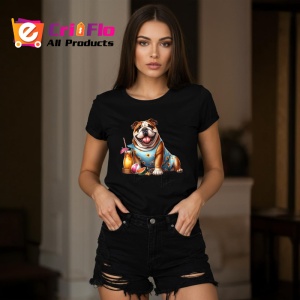 Tricou Caine bulldog englez cocktail vara flori pepene, Copii | Dama | Barbat , tricou negru