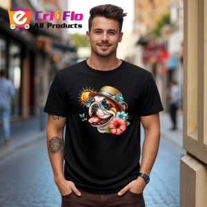 Tricou Caine bulldog englez palarie flori cocktail soare, Copii | Dama | Barbat , tricou negru - Img 10