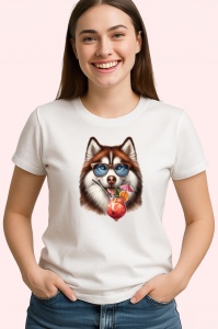 Tricou caine husky ochelari cocktail roz cu floare, Copii | Dama | Barbat - Img 4