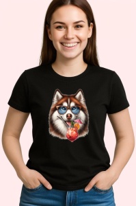 Tricou Caine husky ochelari cocktail roz cu floare, Copii | Dama | Barbat , tricou negru