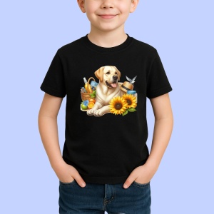 Tricou Caine labrador cos picnic floarea soarelui vara, Copii | Dama | Barbat , tricou negru - Img 2