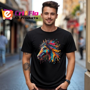 Tricou Cal in miscare cu efecte de vopsea curcubeu Copii | Dama | Barbat, culoare negru - Img 6