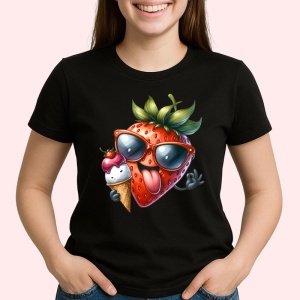 Tricou Capsuna amuzanta de vara cu inghetata, Fructe, Copii | Dama, culoare negru - Img 2