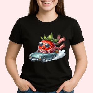 Tricou Capsuna amuzanta de vara in masina, Fructe, Copii | Dama, culoare negru - Img 2