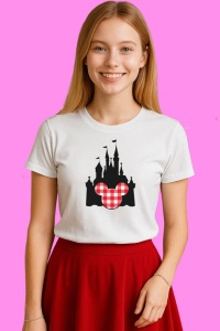 Tricou Castel Disney Cu Fundita Rosie, din bumbac 100%, tricou alb, Copii | Dama | Barbat - Img 3