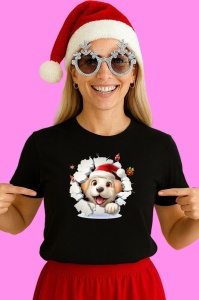Tricou Catel Cu Fundal Roz Si Decor Craciun, din bumbac 100% Copii | Dama | Barbat - Img 3
