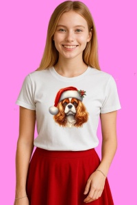 Tricou Cavalier King Charles Craciun Ginger, din bumbac 100%, tricou alb, Copii | Dama | Barbat - Img 3