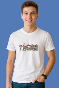 Tricou Christmas Leopard Teacher Grinch, din bumbac 100%, tricou alb, Copii | Dama | Barbat - Img 2