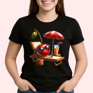 Tricou Cireasa de vara amuzanta pe sezlong, Fructe, Copii | Dama, culoare negru - Img 2