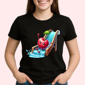 Tricou Cireasa de vara amuzanta pe topogan, Fructe, Copii | Dama, culoare negru - Img 2