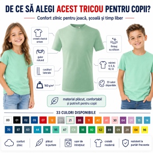 Tricou Copii Basic Malfini – 100% Bumbac, Mânecă Scurtă, 33 Culori pentru Fete și Băieți, Calitate Premium - Img 2