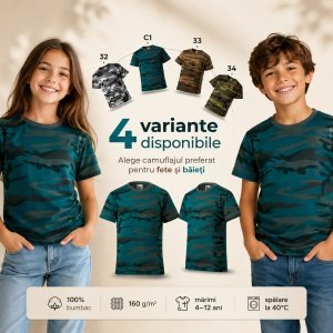 Tricou copii camuflaj Malfini 149 – 100% bumbac, unisex, fete și băieți