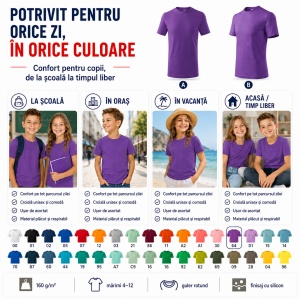 Tricou Copii Clasic Basic Kids, Băiat/Fată, Bumbac 100% Confortabil, 160 g/m², Mărimi 4–12 ani - Img 9