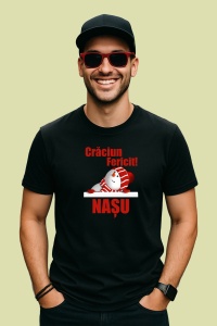 Tricou Craciun Fericit Nasu Model Trei, din bumbac 100%, tricou negru, Dama | Barbat