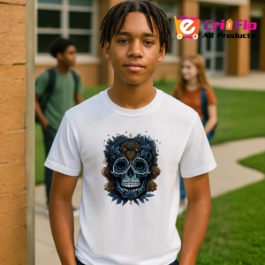 Tricou Craniu artistic cu bijuterii aurii si fundal maro Copii | Dama | Barbat - Img 5