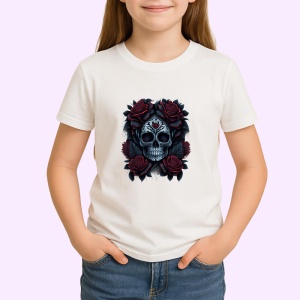 Tricou Craniu cu flori negre si trandafiri fundal alb Copii | Dama | Barbat - Img 4