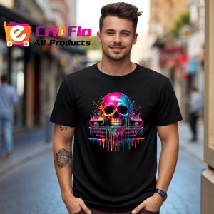 Tricou Craniu cu masina muscle car si stropi colorati Copii | Dama | Barbat, culoare negru - Img 5