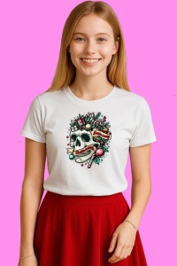Tricou Craniu Cu Ochelari Si Decor Craciun Skeleton Vibes, din bumbac 100%, tricou alb, Copii | Dama | Barbat - Img 3