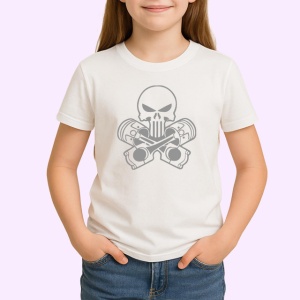 Tricou Craniu Cu Pistoane Si Chei Mecanice Auto, din bumbac 100% , tricou alb pentru Copii | Dama | Barbat - Img 2