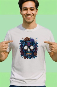 Tricou Craniu cu trandafiri visinii si fundal alb Copii | Dama | Barbat - Img 2