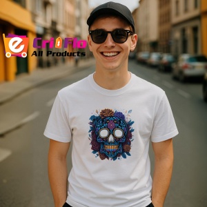 Tricou Craniu cu trandafiri visinii si fundal alb Copii | Dama | Barbat - Img 6