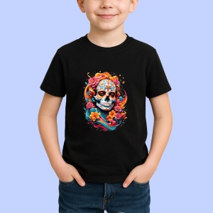 Tricou Craniu decorat cu flori in stil dia de los muertos Copii | Dama | Barbat, culoare negru - Img 4