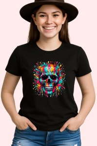 Tricou Craniu multicolor cu fundal exploziv graffiti Copii | Dama | Barbat, culoare negru - Img 3