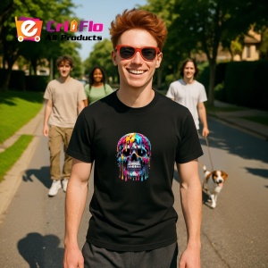 Tricou Craniu multicolor cu vopsea curgatoare fundal alb Copii | Dama | Barbat, culoare negru - Img 4