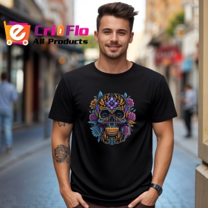 Tricou Craniu negru cu aur si trandafiri violet fundal alb Copii | Dama | Barbat, culoare negru - Img 5