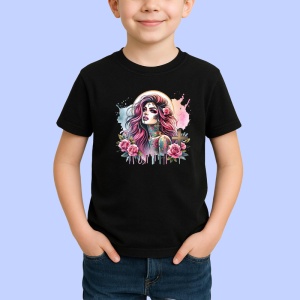 Tricou Cross flower girl pink hair tattoo, fata cu cruce trandafiri si par roz, Copii | Dama | Barbat , tricou negru - Img 2