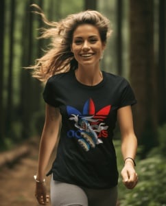 Femeie zâmbitoare purtând un tricou negru cu un design grafic ce prezintă un personaj din desene animate pe role(Bugs Bunny), alergând printr-o pădure cu părul fluturând în vânt.