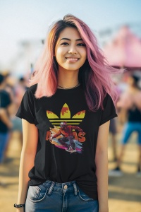 Femeie cu păr roz zâmbitoare, purtând un tricou negru cu un design grafic colorat ce prezintă un skater pe un fundal creativ, pozând într-un mediu festiv în aer liber.