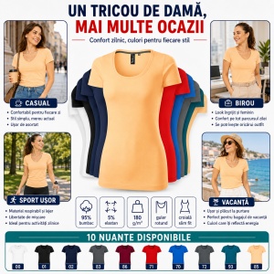 Tricou Damă Elastic cu Decolteu Adânc, Croială Slim Fit, 95% Bumbac, 5% Elastan, 10 Culori, XS–2XL - Img 6