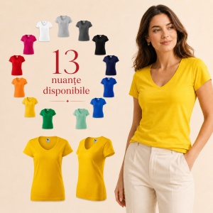 Tricou damă Malfini cu guler în V, 100% bumbac, croială feminină, 13 culori disponibile